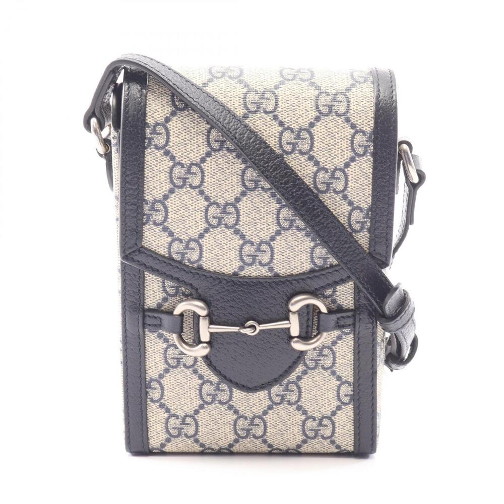 Gucci Horsebit Bag Canvas Leather Shoulder Bag Navy Blue Beige